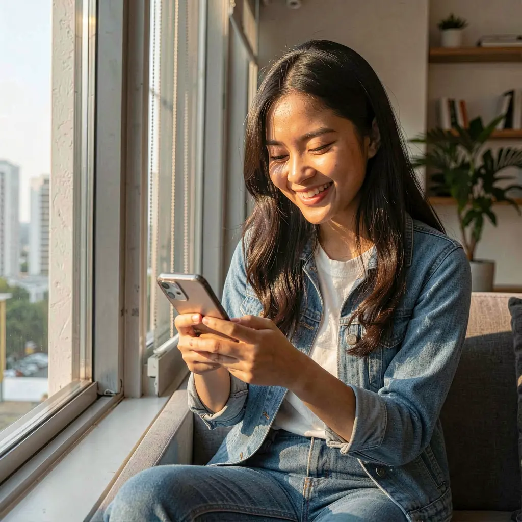 GG488 App – A seamless and enjoyable mobile casino experience for players in the Philippines Filipino woman smiling while using the GG488 mobile casino app on her smartphone with sunlight streaming through a window