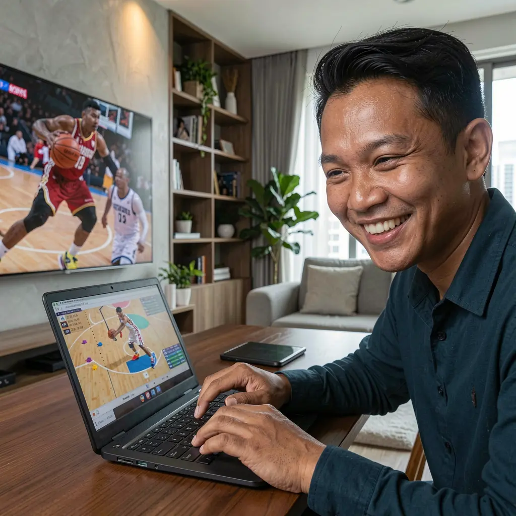 Happy Filipino player enjoying live basketball betting on a laptop with GG488 while watching the game on TV in a modern home