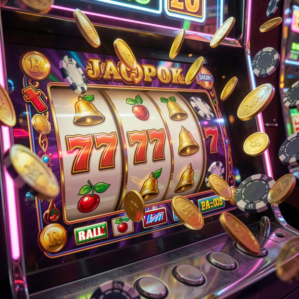 Bright and colorful slot machine reels showing triple sevens with scattered coins highlighting the premium slot experience at GG488 casino Philippines